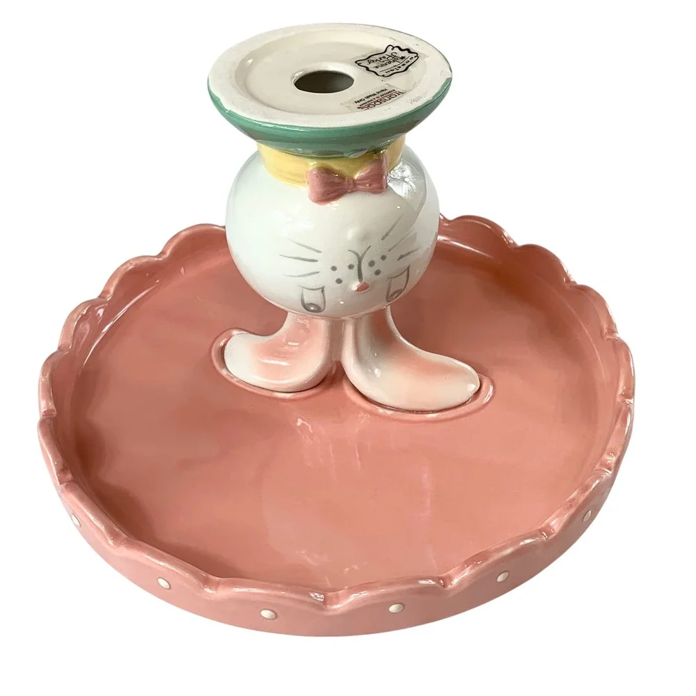 Johanna Parker Transpac Easter Bunny Cupcake Stand Pink Scalloped Ceramic 8 Inch
